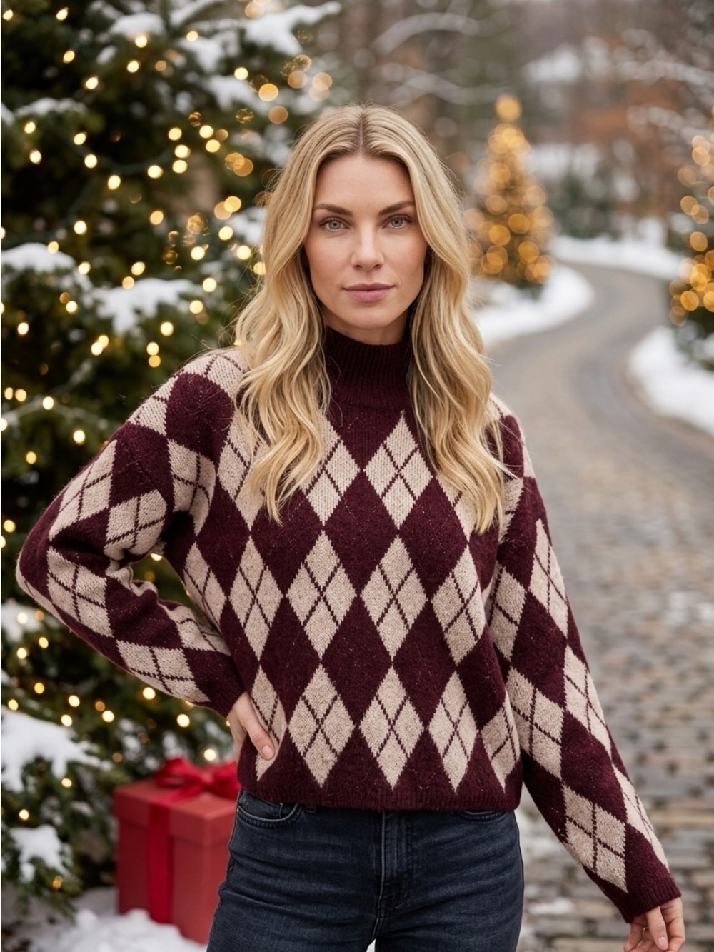 Cozy Burgundy and Cream Argyle Sweater NEW